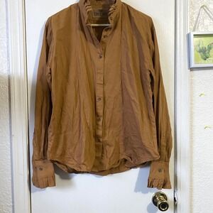 King Ranch Womens Brown Western Ruffle Collar Long Sleeve Button Down Shirt‎